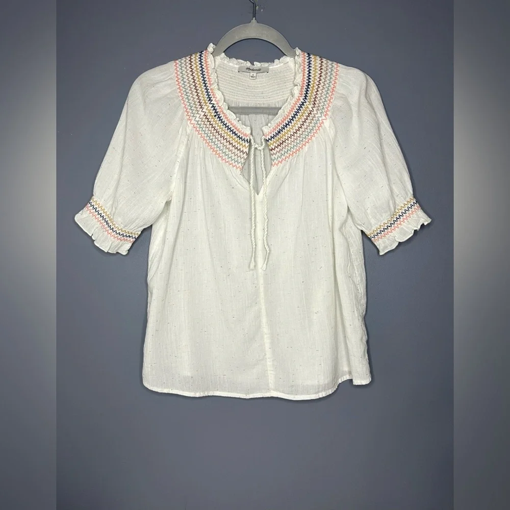 Madewell Blouse Womens S White Smocked Embroidered Puff Sleeve‎ Boho Cottagecore